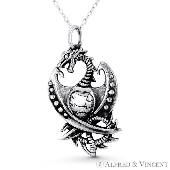 Fantasy Mecha Dragon Gothic Charm Pendant in Oxidized .925 Sterling Silver - Picture 1 of 1